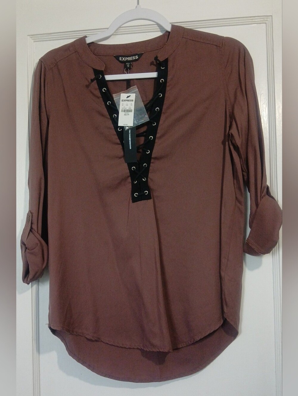 Express Mauve-Brown Lace-Up Blouse NWT - Picture 4 of 5